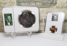 Abraham Lincoln 2 Piece Medal and Cent Set with Vintage US Stamps - Nice! S1
