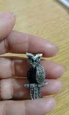 London Import Onyx Marcasite And Sterling Silver Owl Brooch