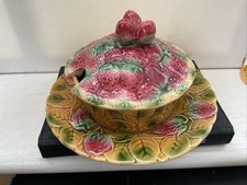 Vintage Sarreguemines French Majolica Strawberry Jam Pot with Lid  1950s VGC.