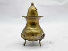 VINTAGE BRASS SALT SHAKER URN STYLE TRIPOD LEGS BLUE LINED LIDDED CONTAINER