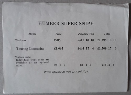 Humber super snipe price list - super,