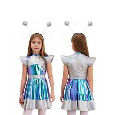 UK Girl Kid Alien Costume Shiny Color Block Robot Astronaut Dress with Hair Hoop