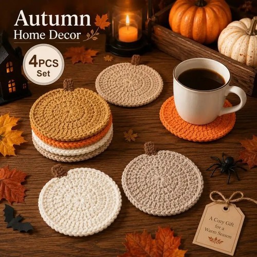 4pcs crochet pumpkin coasters - 4pcs,