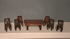 Antique wooden  Dolls' House Furniture Set of Six Dining Chairs and table 