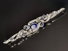 Antique Sterling Silver Faux Sapphire Diamond Old Antique Paste Spray Bar Brooch