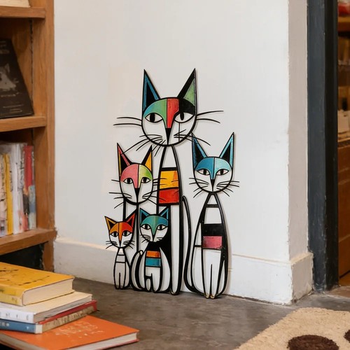 Colourful cat metal wall art - wall,