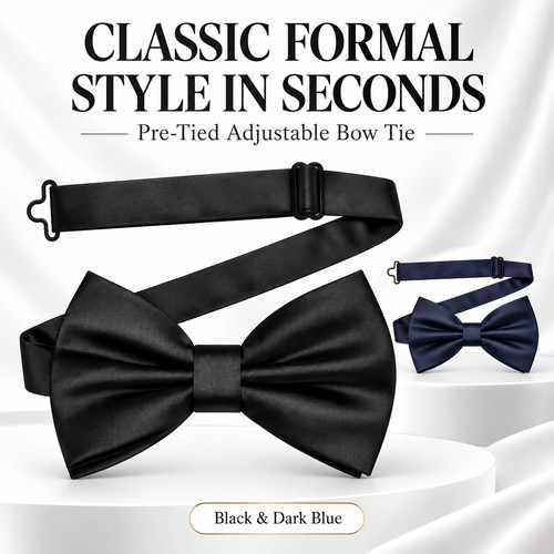 Black bow tie adjustable satin - black,