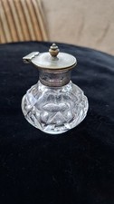 Old Vintage Clear Cut Glass Ink Well ? Condiment Pot Bottle Plated Top