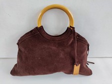 Ri2K JOHN RICHMOND SMALL DARK BROWN SUEDE HANDBAG TASSELS WOODEN HANDLES