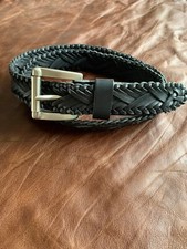 Black Plaited Braided Real Leather Belt 35mm Chrome Buckle V9