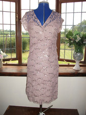 ** SALE ** SCARLETT NITE LADIES DRESS SIZE 8 TAUPE LACY SEQUIN MULTI LAYERED
