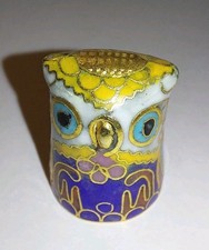 Vintage Cloisonné Enamel Owl Thimble Brass Base Collectable Sewing Display (RefA