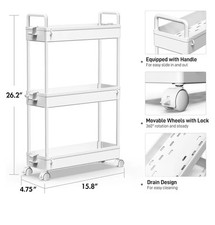 White  3-Tier Storage Trolley Cart Slide-out Slim Kitchen Bathroom With Hangers 