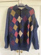 Mens Pure New Wool Diamond Check Collared Pullover : Golf Size M ( big fitting )