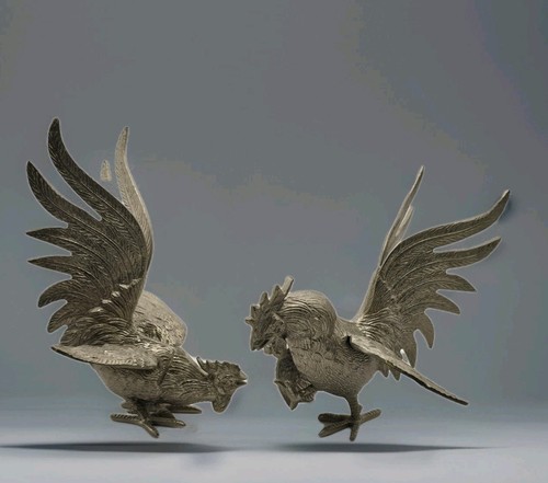 Silver plate roosters - silver, fighting
