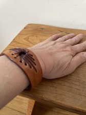 Vintage Brown Thick Leather Wrist Bangle South Western Design Starburst Design