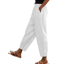Ladies Elastic Waist Cotton Trousers Women Casual Baggy Wide Leg Harem Pants UK
