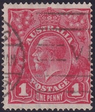 AUST KGV 1d RED SINGLE Wk. FLAW - DAMAGED LEFT FRAME. USED. (L592)