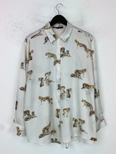 Zara White Tiger Print Blouse Button Front Collared Long Sleeve XL