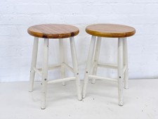 2 x Vintage Wooden Stool / Round Plant Stand Low White Stick