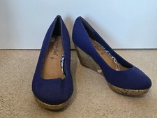 NEW LOOK ROYAL BLUE CANVAS ROUND TOE CORK WEDGE HEEL COURT SHOES - 5 38 WIDE FIT
