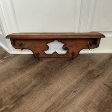 Vintage Ornate Hand Carved Wood Oak hanging  Coat Hat Rack shelf -brass Hooks