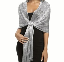 Silver Metallic Shawl with Buckle and Fringe for Women Wedding Party Formal Wear