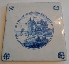 Fine Antique Delft Blue & White Tin Glazed Pottery Tile With Houses & Boat