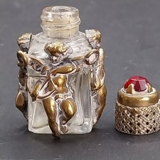 Vintage Miniature French Cherub Cupid Overlay Perfume Bottle Red Gem Stone