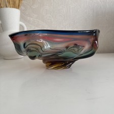 Vintage Mid Century Sommerso Murano Glass Bowl Cased Clear Yellow Red Blue Twist