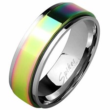 Mens Rainbow STAINLESS STEEL Ring Band Spin Spinner Worry Stress Ring anxiety