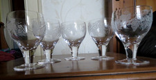 Set of 5 vintage lead crystal wine glasses  wine goblets with etched grapevine