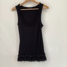 Miss Selfridge Black Ribbed Vest Top with Lace Ruffle Trim Sleeveless UK 14