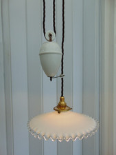 Vintage French Rise & Fall Counterbalance Ceiling Light w Frilly Coolie Shade