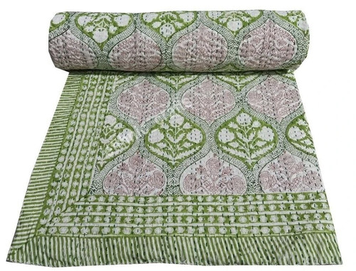 Green cotton kantha quilt - kantha,