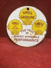 Enamel Advertising Sign Shell Gasoline Motor Oil Round Vintage Garage 4 1/2 Inch