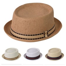 Adults Straw Lightweight Mens Summer Pork Pie Classic Striped Sun Cross Band Hat