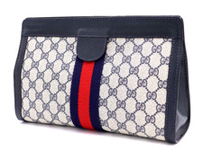 Gucci Vintage Bag Clutch Handbag GG Supreme Sherry Logo Navy Medium Authentic