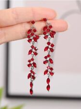 Womens Long Red Rhinestone Tassel Dangle Drop Decor Silver Metal Earrings Party