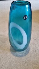 NEXT TEAL GREEN GLASS HAND PAINTED WHITE MODERN ABSTRACT LARGE DECORATIVE VASE