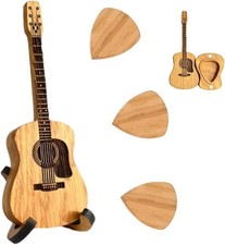 Wooden Acoustic Guitar Pick Box with 3 Picks, Storage Container 