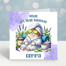 Cat Birthday Card Female Relaxing Cat Card Personalised