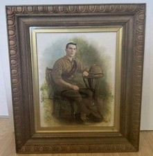 Antique Oil Painting On Canvas WW1 Soldier Portrait-Carved  Frame-  Ca1915-20
