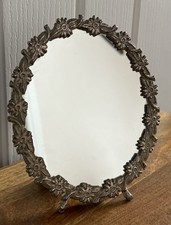 Small Silver Metal Tone Floral Surround Stand Alone Oval Mirror 5.5” x 4.5”