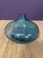 Vintage Teal Blue Glass Low Vase Ikebana Orchid Handblown Bulbous Bud Vase