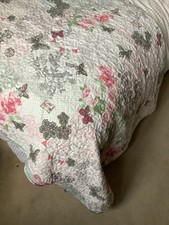 Botanical Shabby quilted bed throw grey, white, rose  butterfly 190 cm x 190 cm