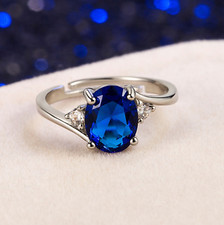 Adjustable 925 Sterling Silver Blue Dress Simulated Sapphire Women Finger Ring