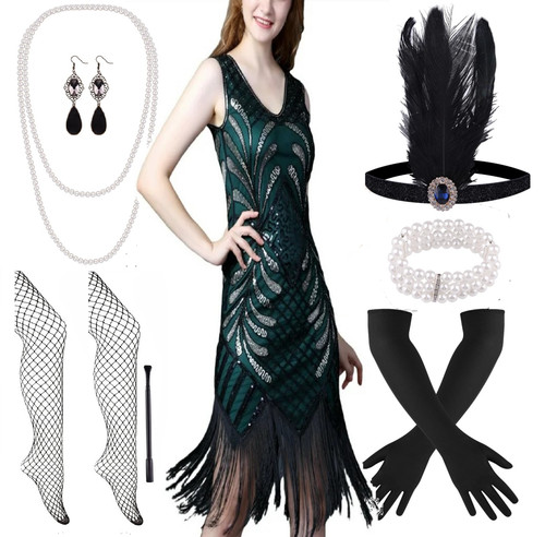 1920s neck green sequin - v,