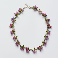 Vintage Style Art Deco Stone BEAD Pink Purple Berries Blossom Enamel NECKLACE