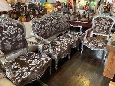 Vintage Sofa Suite 3 Piece Cottage Damask Silver  Settee + 2 Armchairs Country